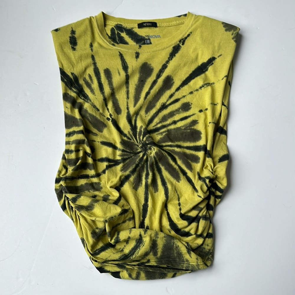 AFRM vintage repurposed tank with shoulder pads and ruching detail on sides.